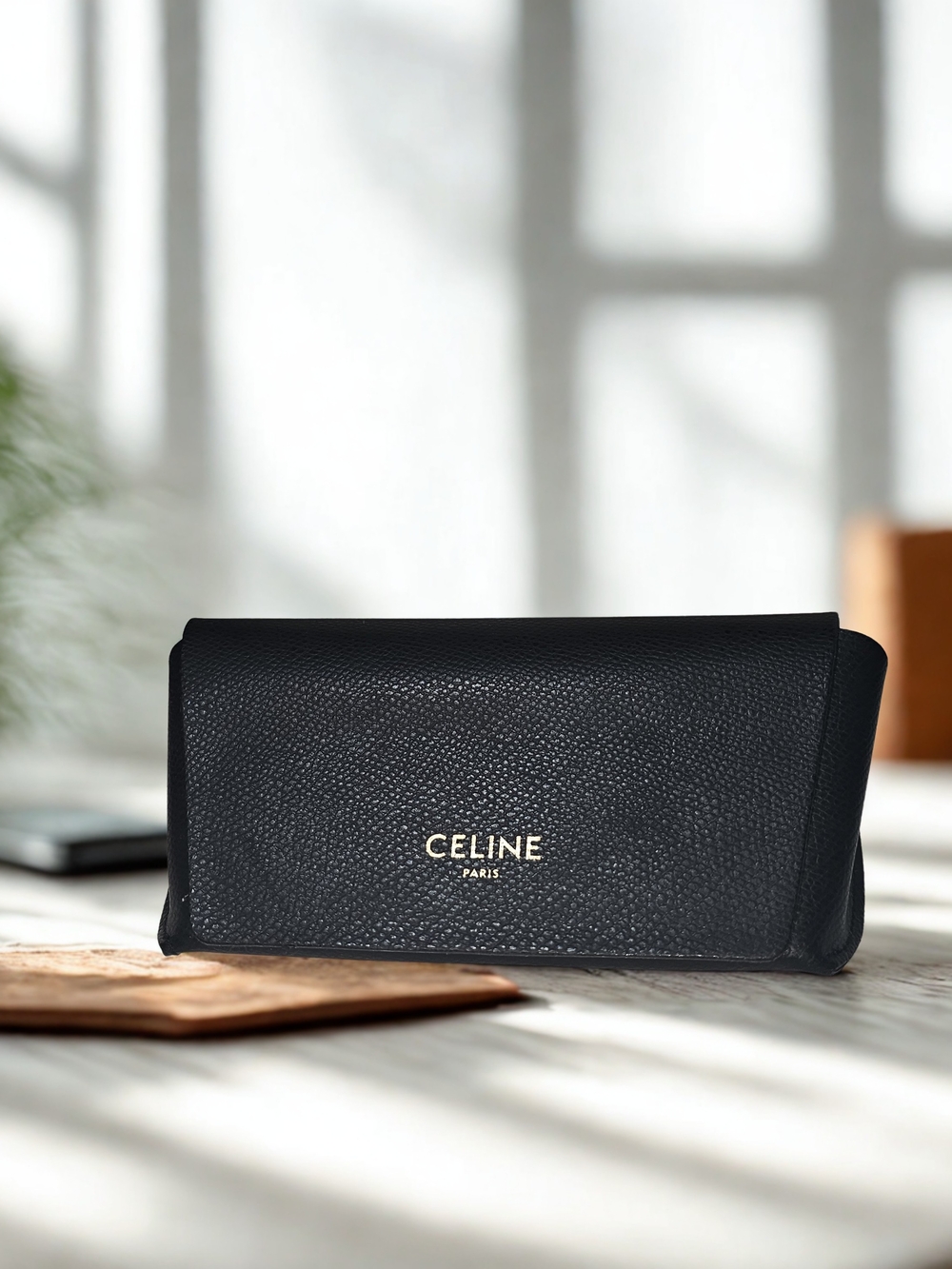 Celine Black Pebbled Leather Clutch with Gold Logo/Empty/New